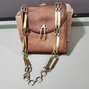 Vintage Brown Genuine Leather Purse Gold Straps